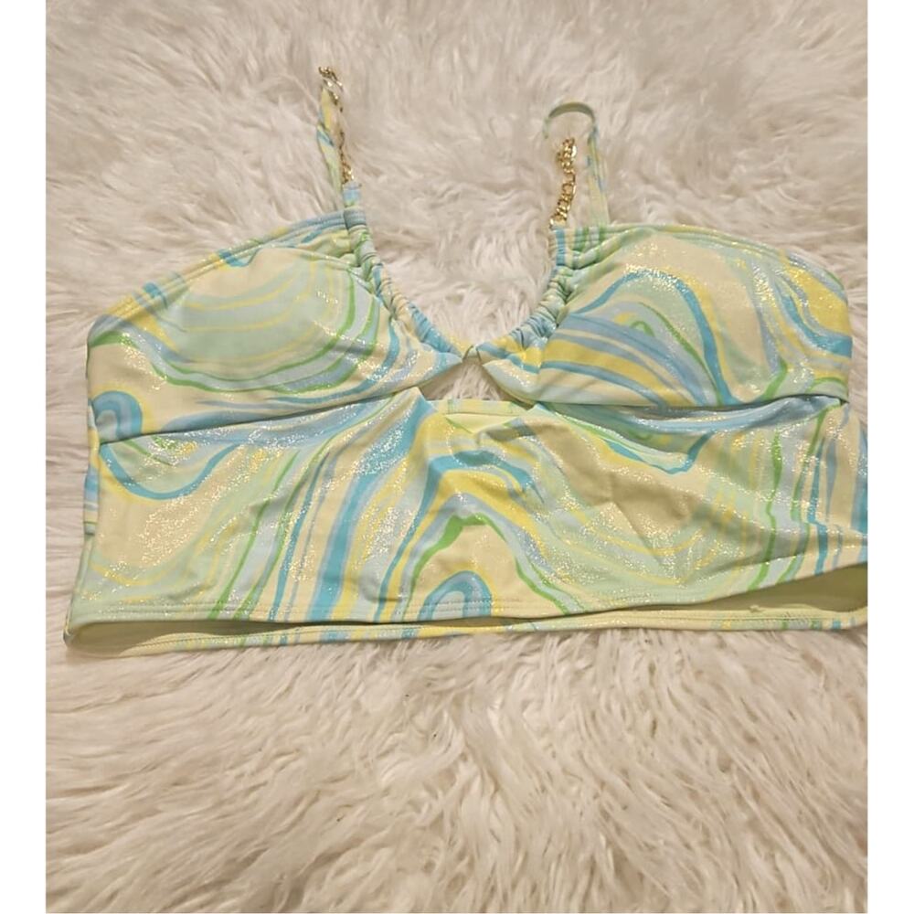 River Island Wave Green Tankini Crop Top w/ Chain Straps Size 14/US 10 NWT - Picture 2 of 5